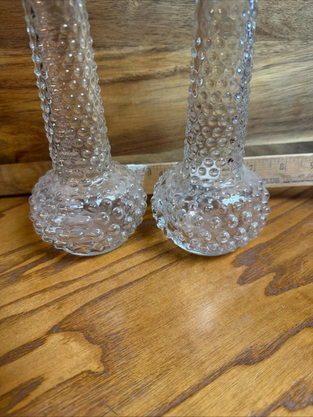 Set of 2 E.O. Brody Hobnail Clear Glass Flower Vases, 1960’s. 7.5” Tall